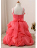Adjustable Straps Beaded Coral Organza Satin Flower Girl Dress
